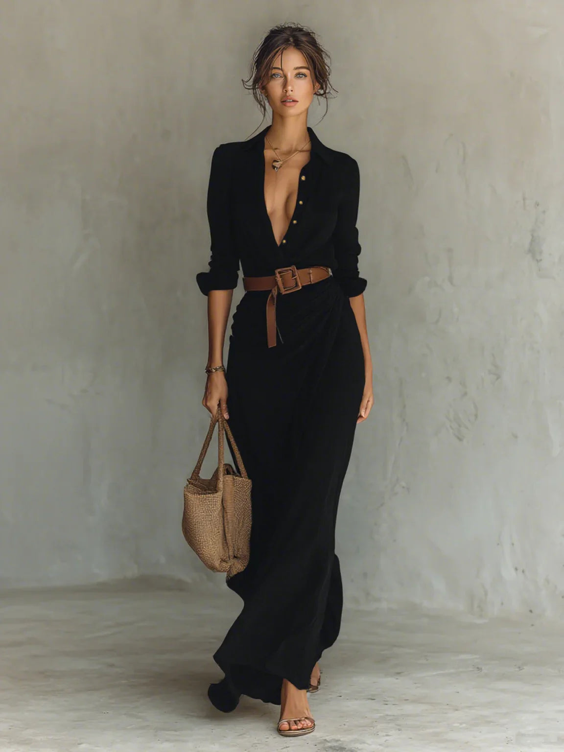 Robe Longue Élégante à Ceinture et Col Chemise