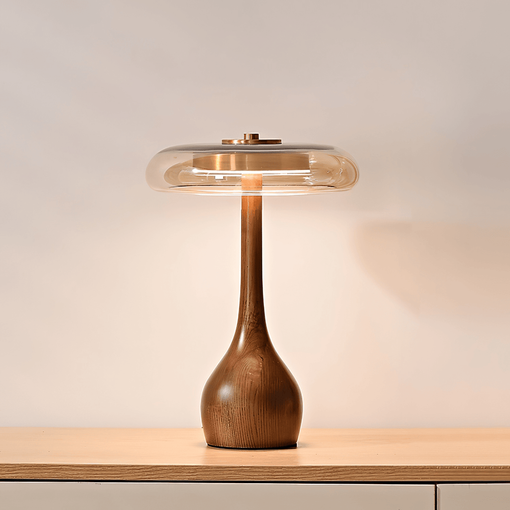 Sienna Table Lamp, Walnut Wood Base, Amber Glass Shade, LED