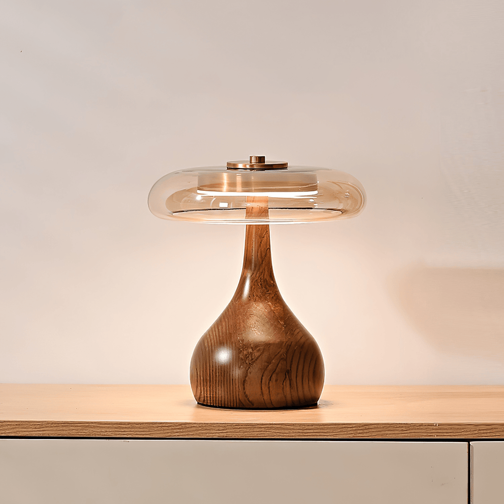 Sienna Table Lamp, Walnut Wood Base, Amber Glass Shade, LED