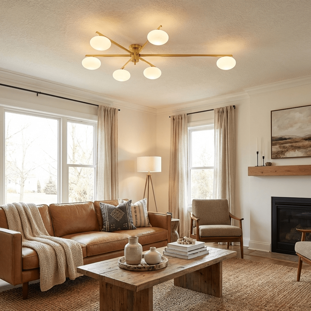 Ceiling Light, Jasper Brass Sputnik, White Glass Oval Shades, G9, Low Profile