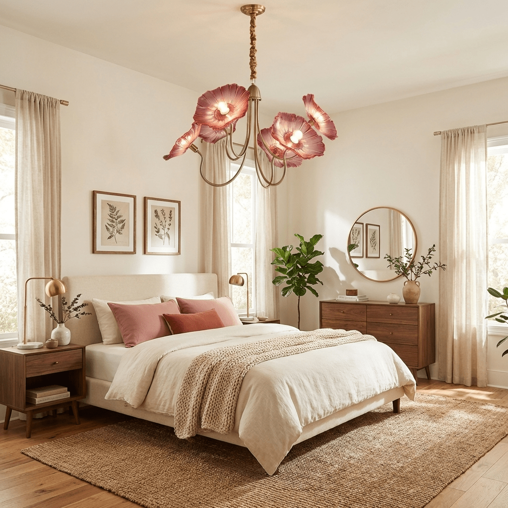 Chandelier, Frosted Leaf Glass Shades, Gold Frame, E27