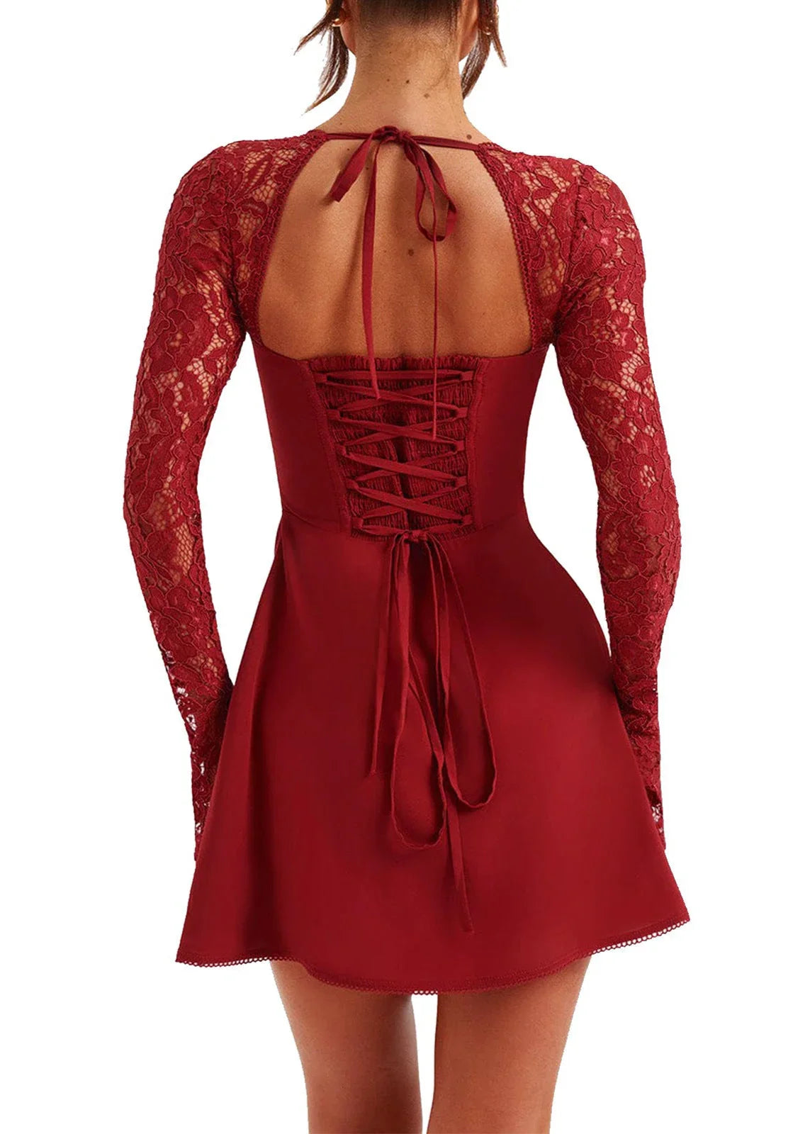 Robe courte bordeaux à manches longues dentelle, dos lacé élégant pour femme