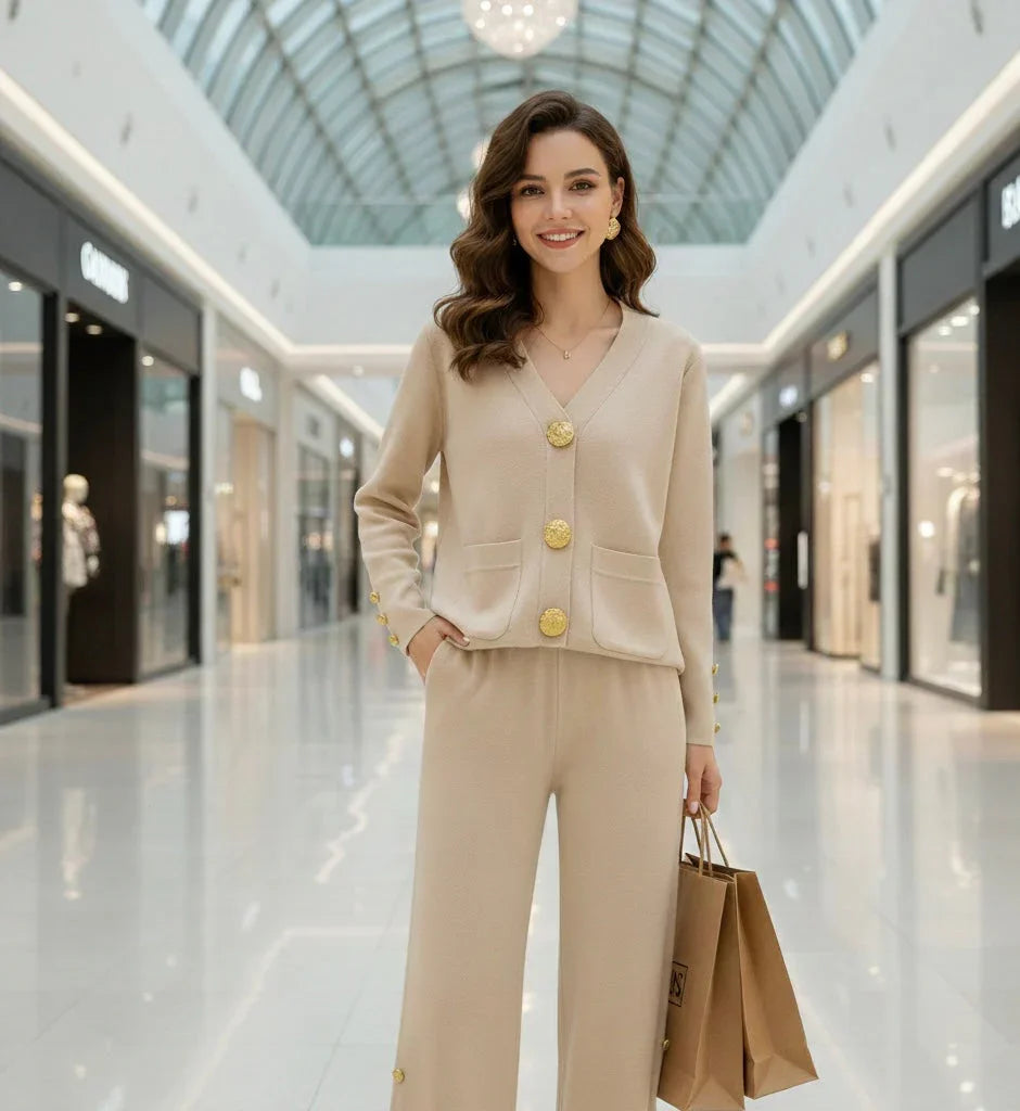 Femme élégante en ensemble beige à boutons dorés, tenant des sacs shopping dans un centre commercial