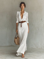 Robe Longue Élégante à Ceinture et Col Chemise