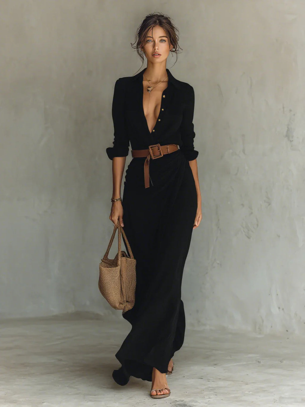 Robe Longue Élégante à Ceinture et Col Chemise