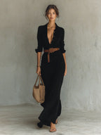 Robe Longue Élégante à Ceinture et Col Chemise