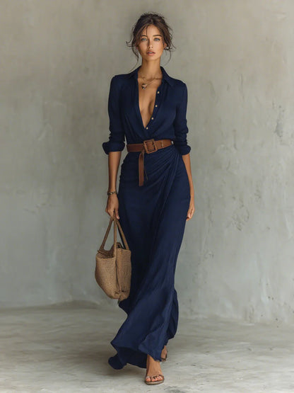 Robe Longue Élégante à Ceinture et Col Chemise