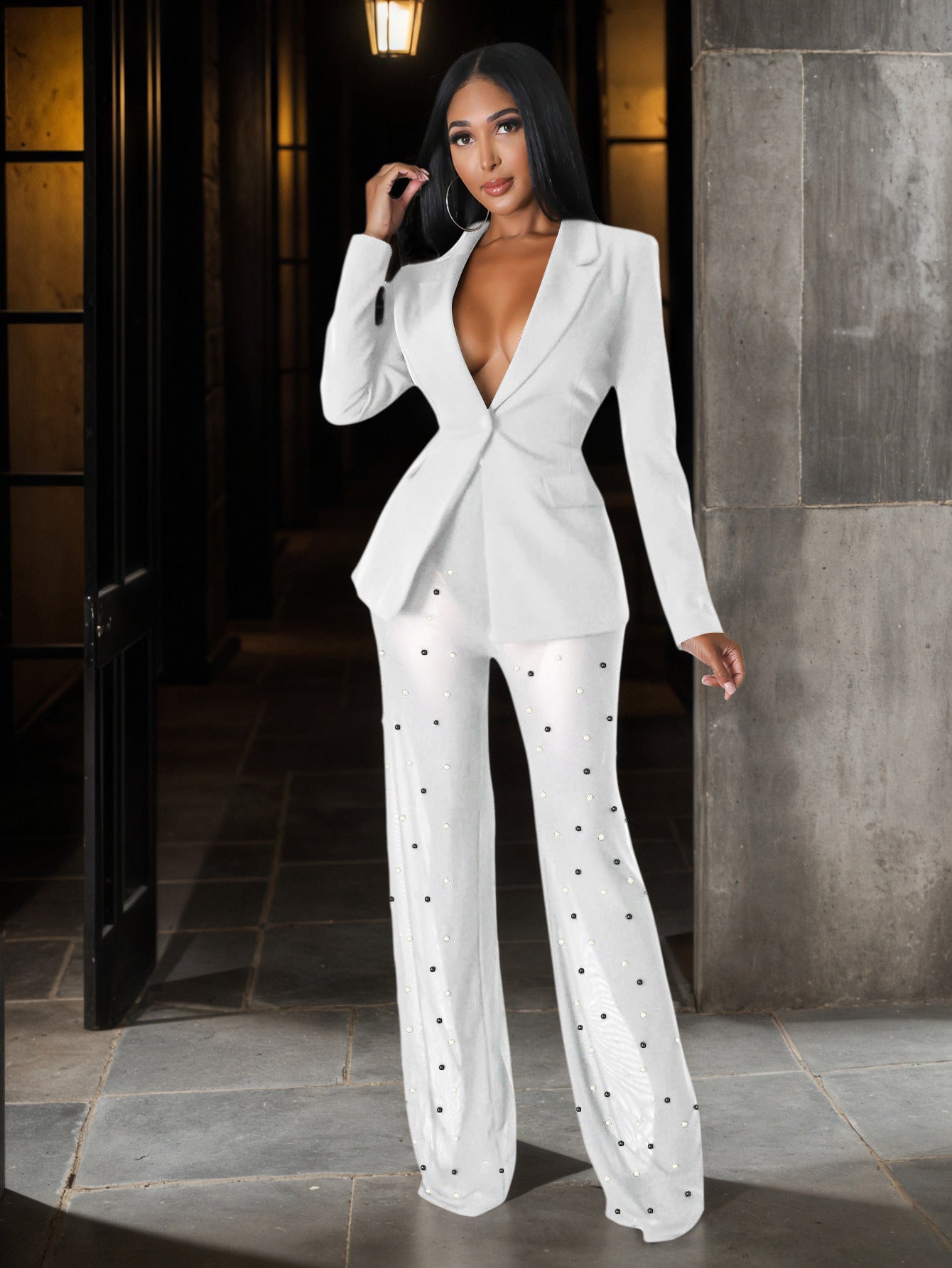 Buttoned Blazer And Beaded Pants Two-Piece Set