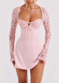 Robe courte rose à manches longues en dentelle, col en cœur, style élégant femme