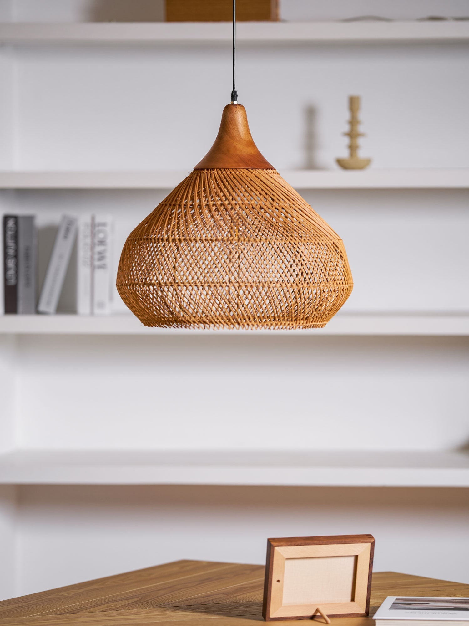 Rattan Pendant Light, Handwoven Shade, Wood Body, E27