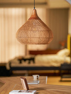Rattan Pendant Light, Handwoven Shade, Wood Body, E27