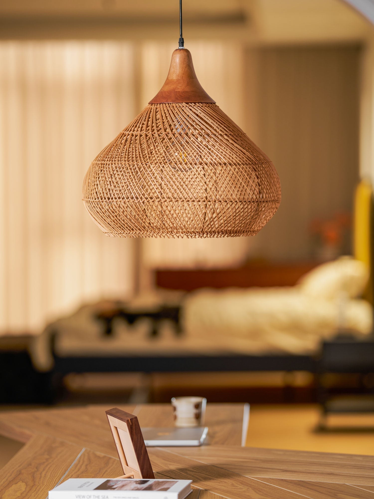 Rattan Pendant Light, Handwoven Shade, Wood Body, E27