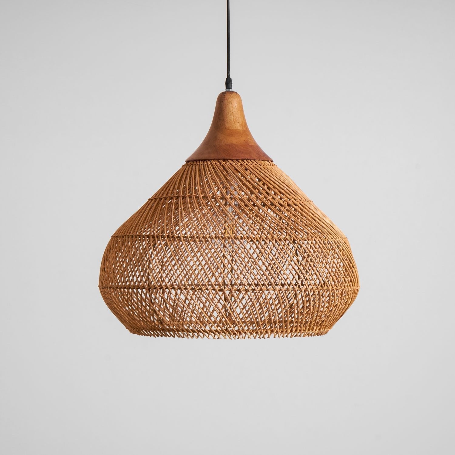 Rattan Pendant Light, Handwoven Shade, Wood Body, E27