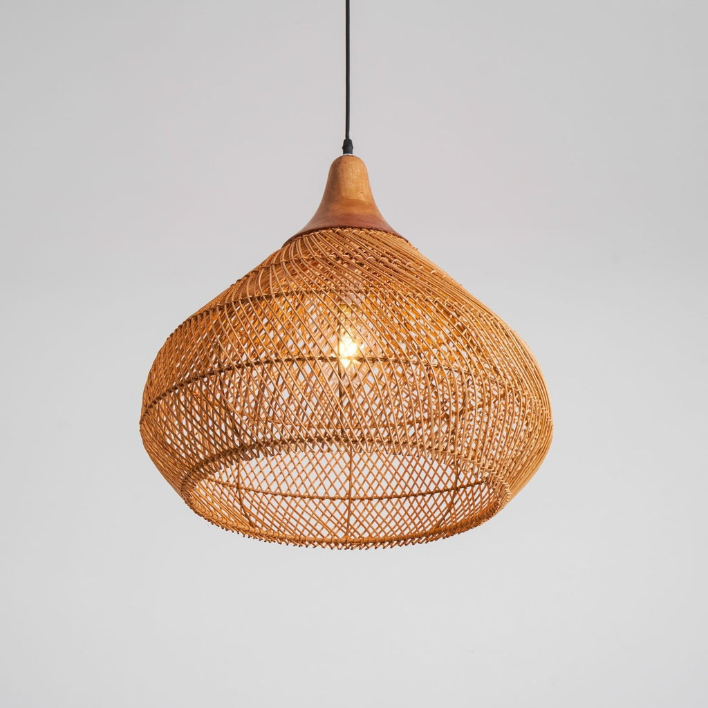 Rattan Pendant Light, Handwoven Shade, Wood Body, E27