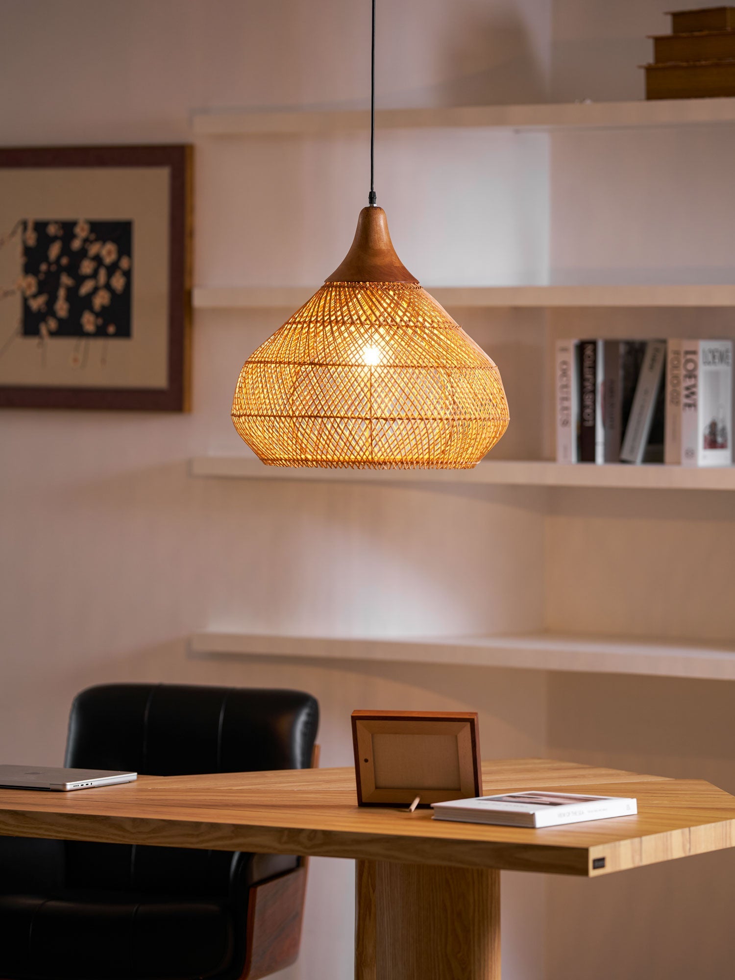 Rattan Pendant Light, Handwoven Shade, Wood Body, E27