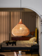 Rattan Pendant Light, Handwoven Shade, Wood Body, E27