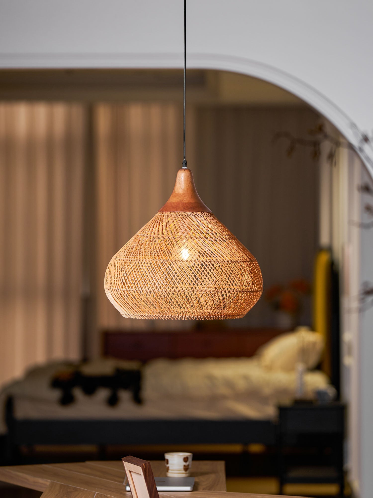 Rattan Pendant Light, Handwoven Shade, Wood Body, E27