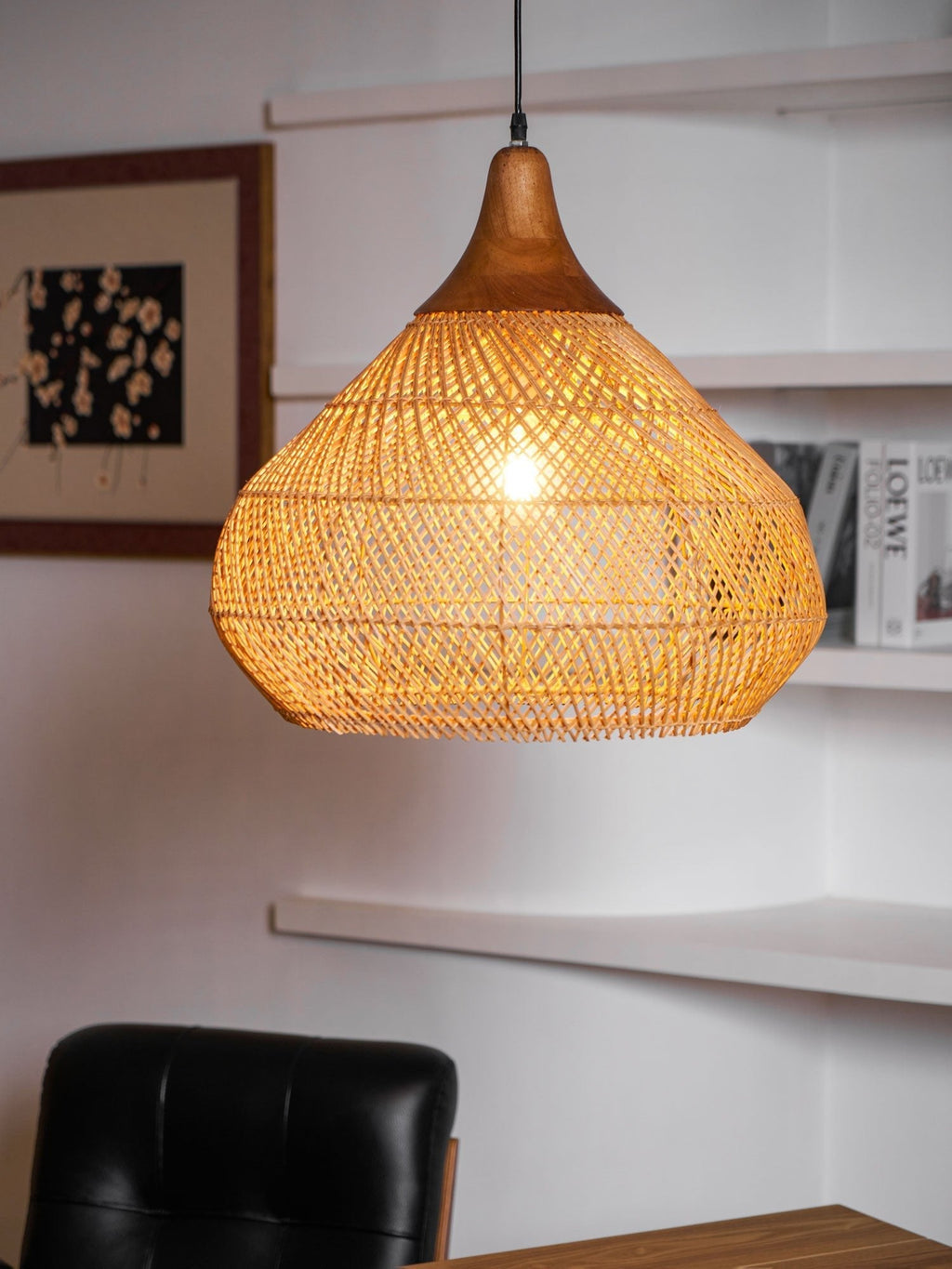 Rattan Pendant Light, Handwoven Shade, Wood Body, E27