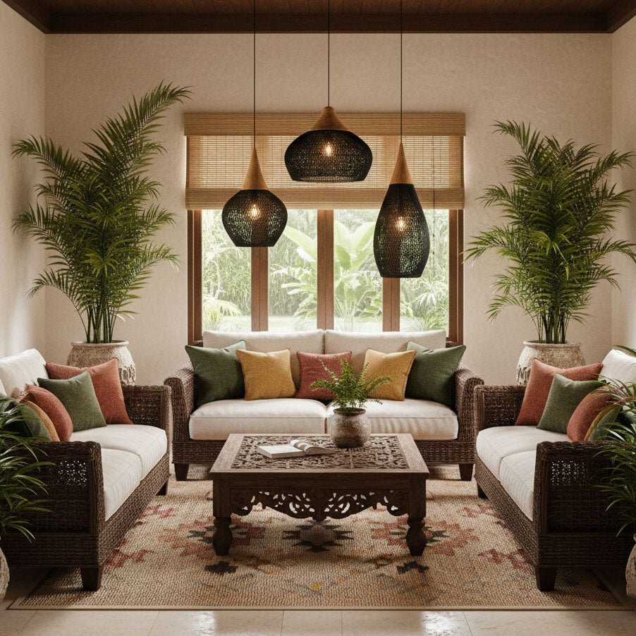 Rattan Pendant Light, Handwoven Shade, Wood Body, E27