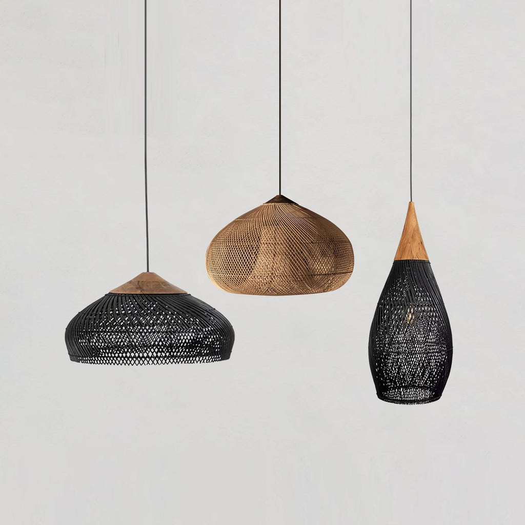 Rattan Pendant Light, Handwoven Shade, Wood Body, E27