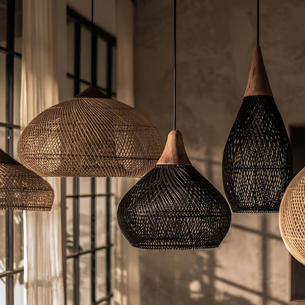 Rattan Pendant Light, Handwoven Shade, Wood Body, E27