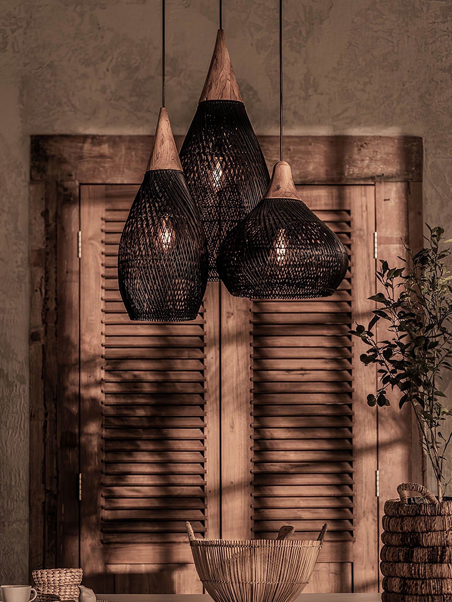 Rattan Pendant Light, Handwoven Shade, Wood Body, E27