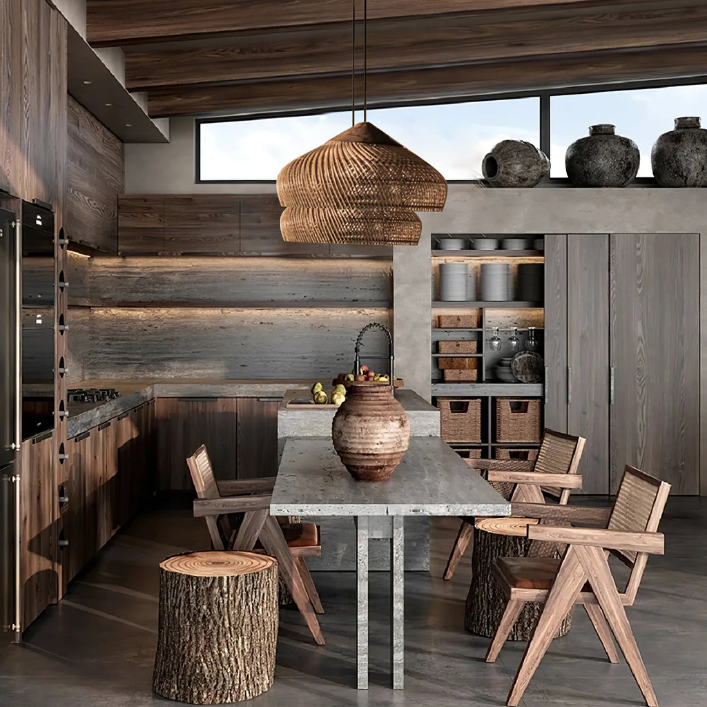 Rattan Pendant Light, Handwoven Shade, Wood Body, E27