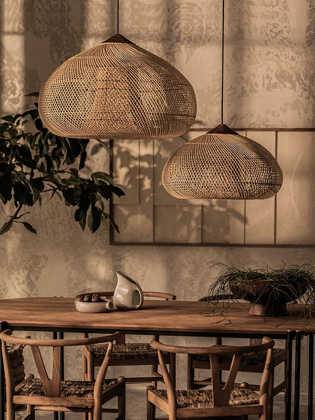 Rattan Pendant Light, Handwoven Shade, Wood Body, E27