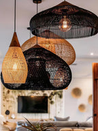 Rattan Pendant Light, Handwoven Shade, Wood Body, E27