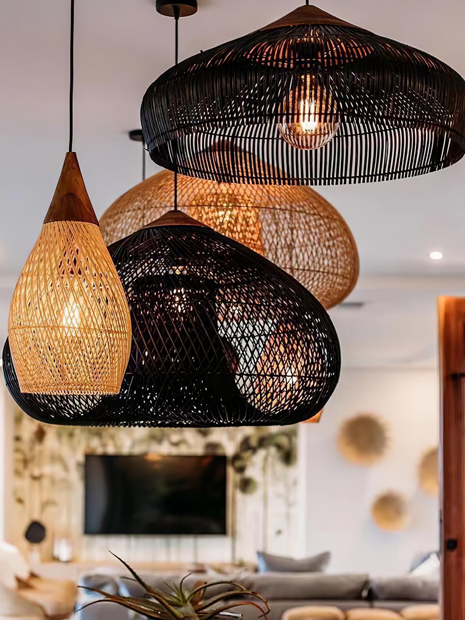 Rattan Pendant Light, Handwoven Shade, Wood Body, E27