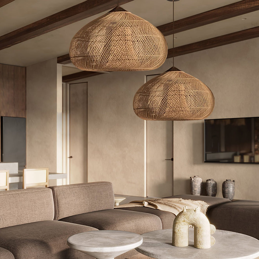 Rattan Pendant Light, Handwoven Shade, Wood Body, E27