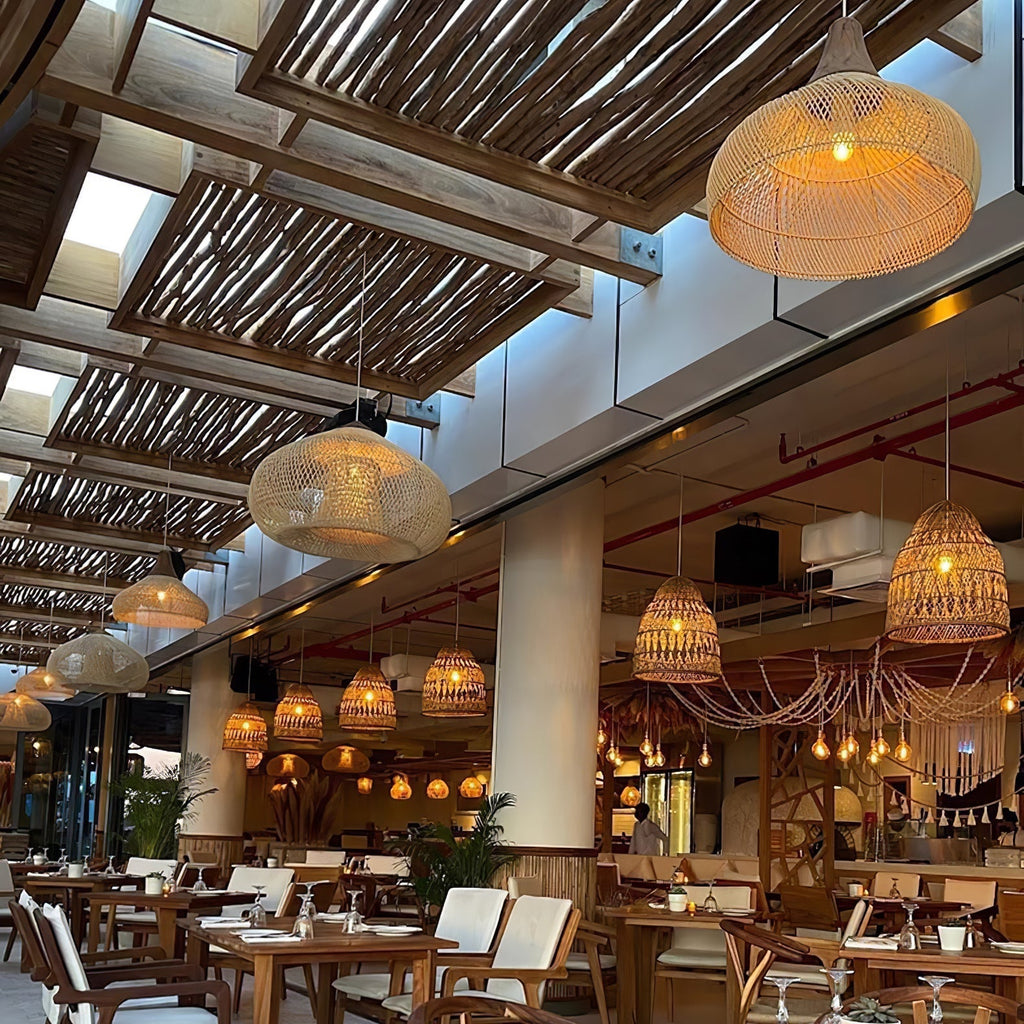 Rattan Pendant Light, Handwoven Shade, Wood Body, E27
