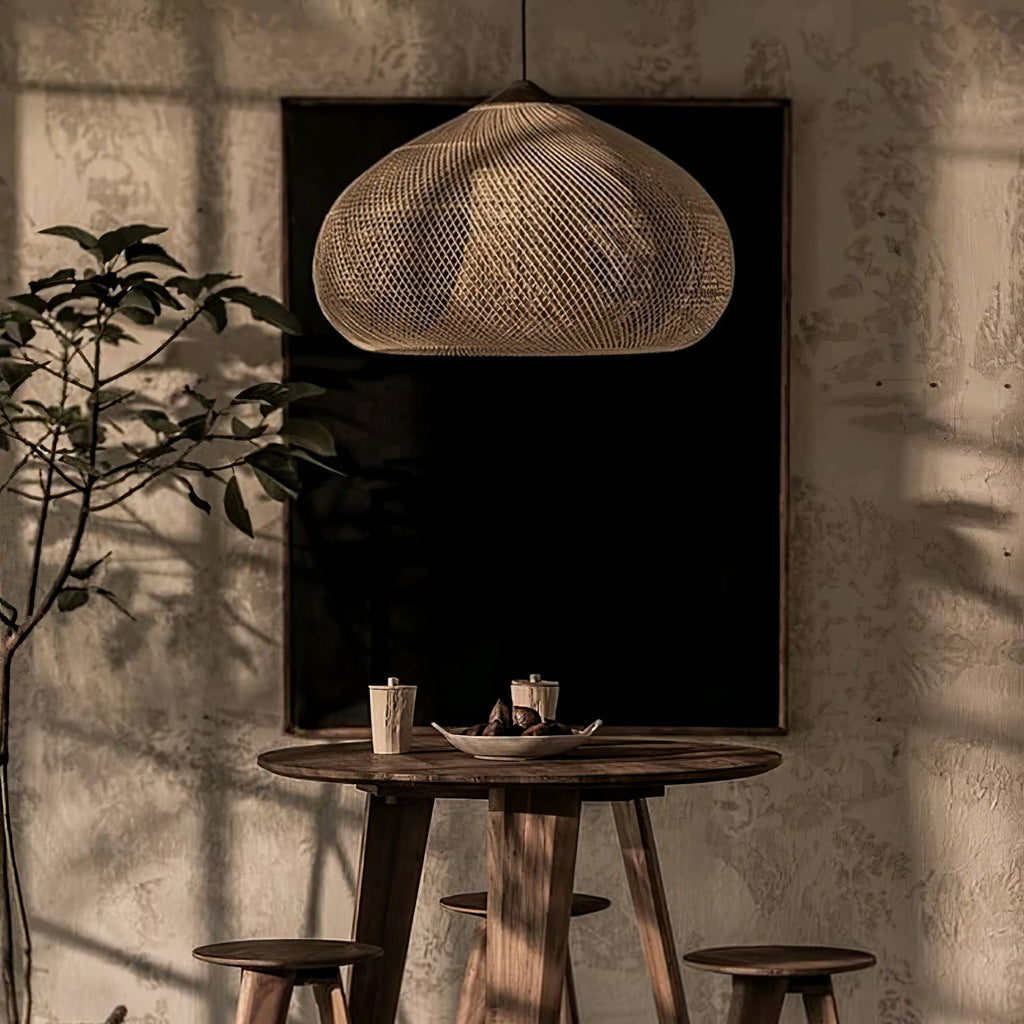 Rattan Pendant Light, Handwoven Shade, Wood Body, E27