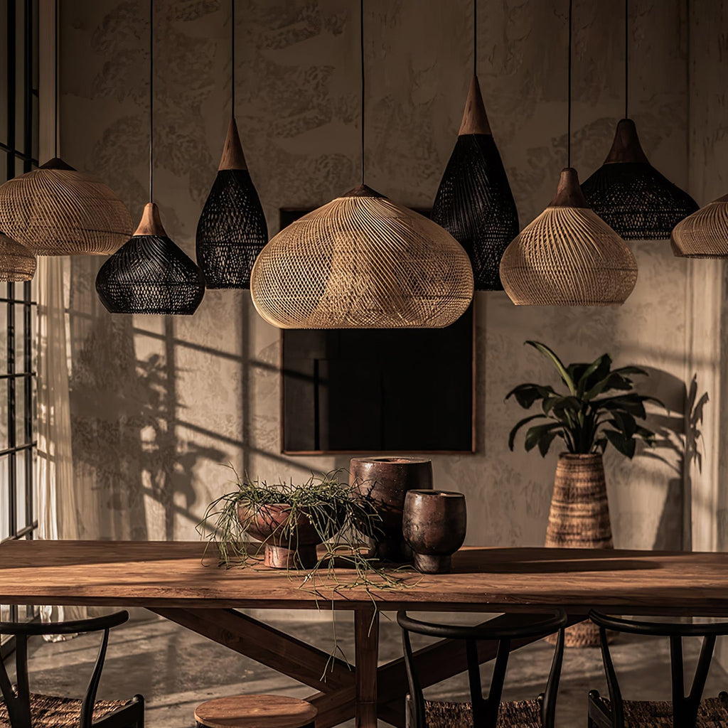 Rattan Pendant Light, Handwoven Shade, Wood Body, E27