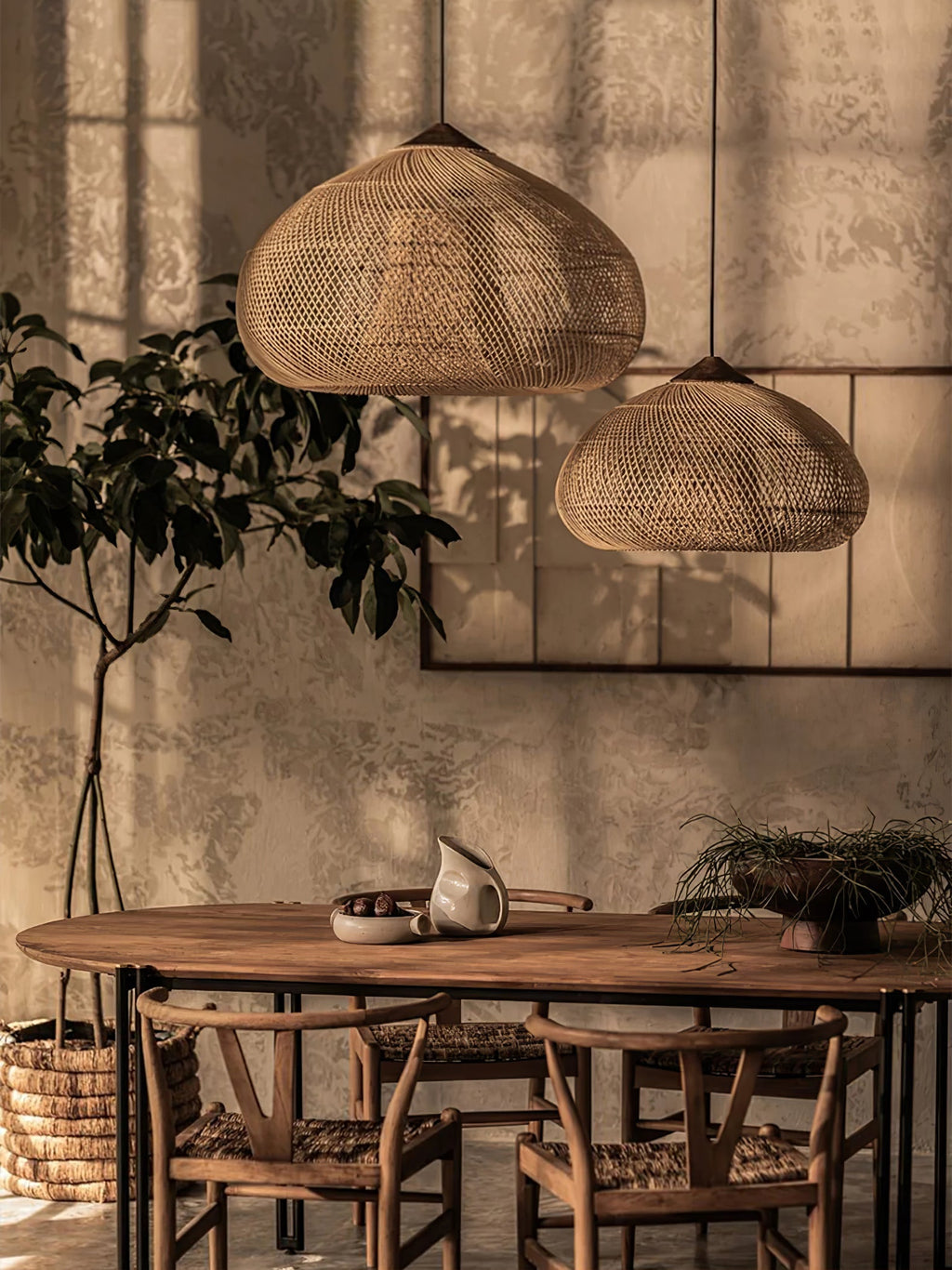 Rattan Pendant Light, Handwoven Shade, Wood Body, E27