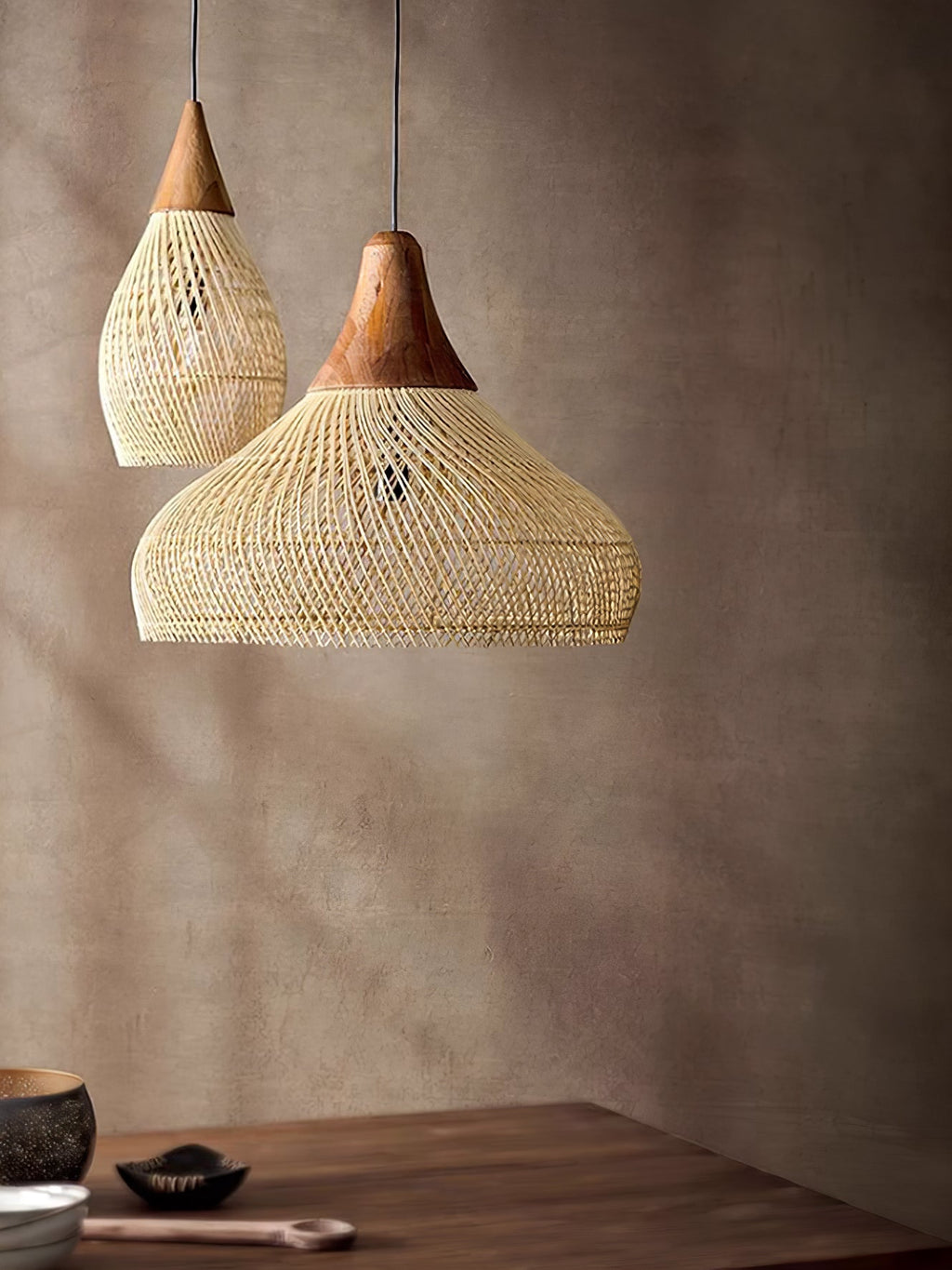 Rattan Pendant Light, Handwoven Shade, Wood Body, E27