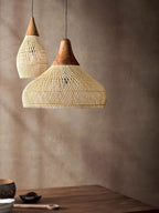 Rattan Pendant Light, Handwoven Shade, Wood Body, E27