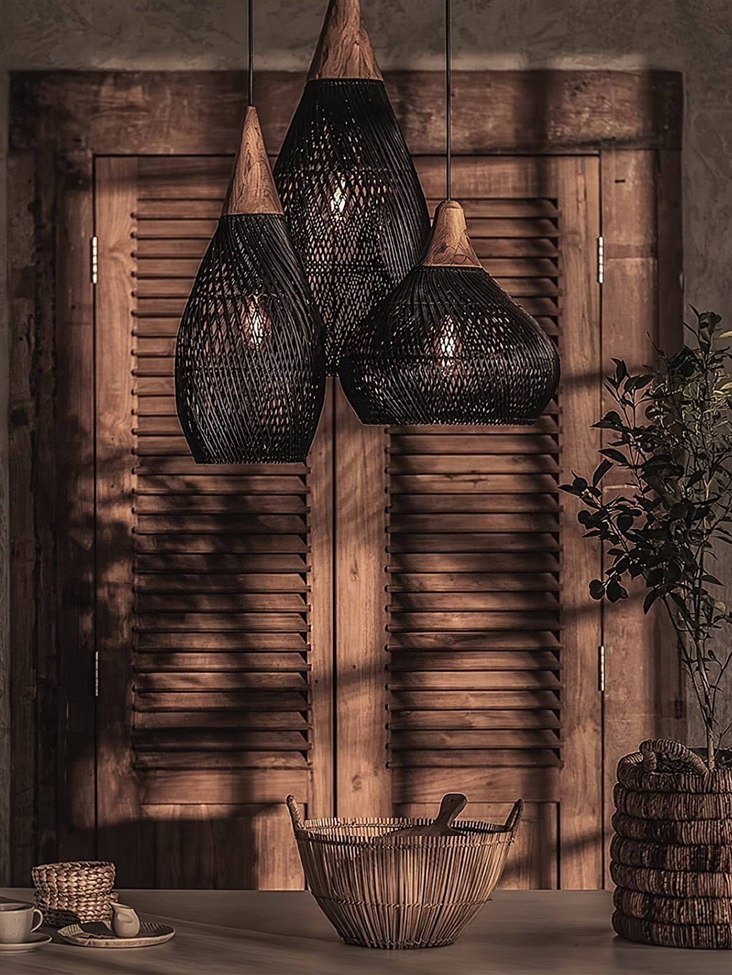 Rattan Pendant Light, Handwoven Shade, Wood Body, E27