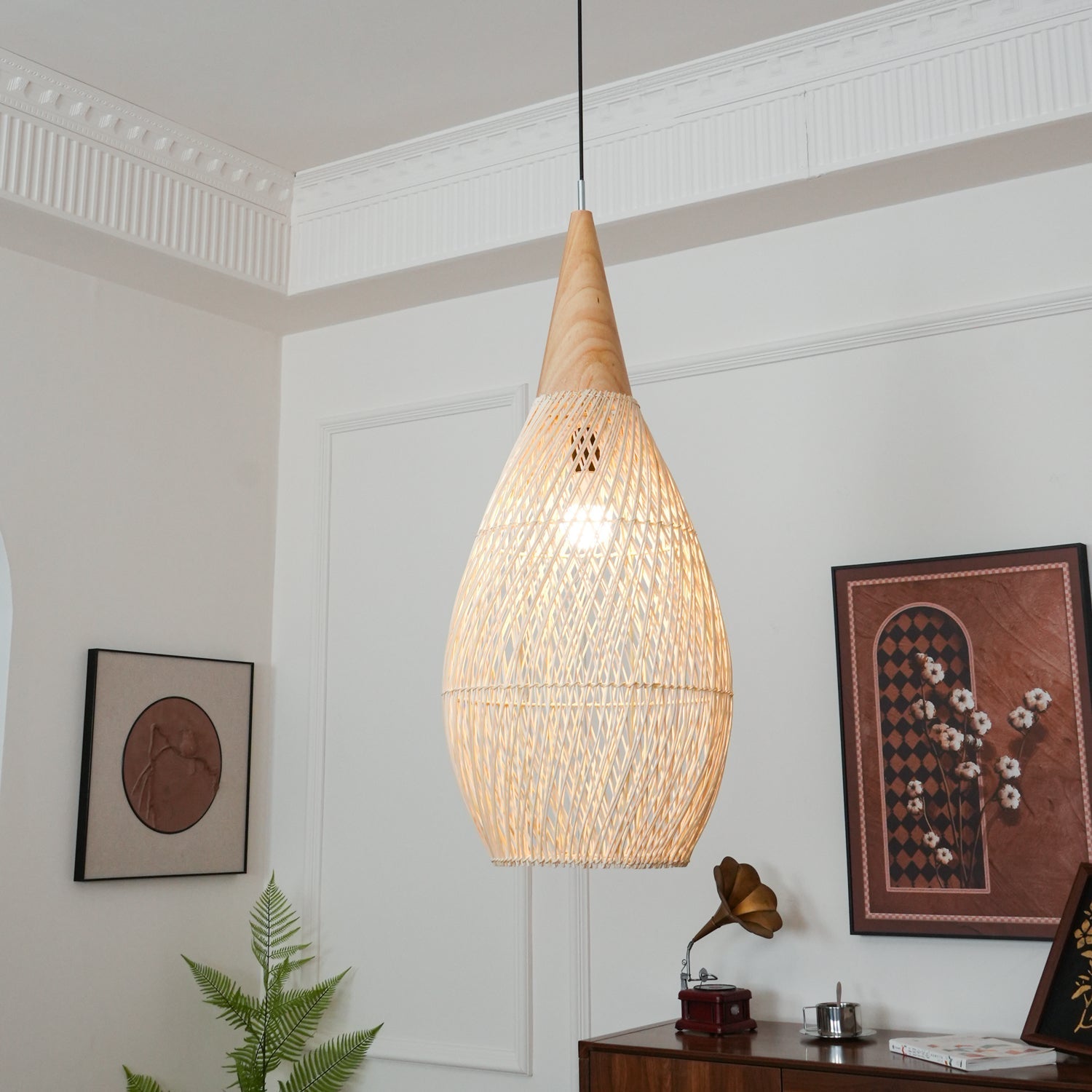 Rattan Pendant Light, Handwoven Shade, Wood Body, E27