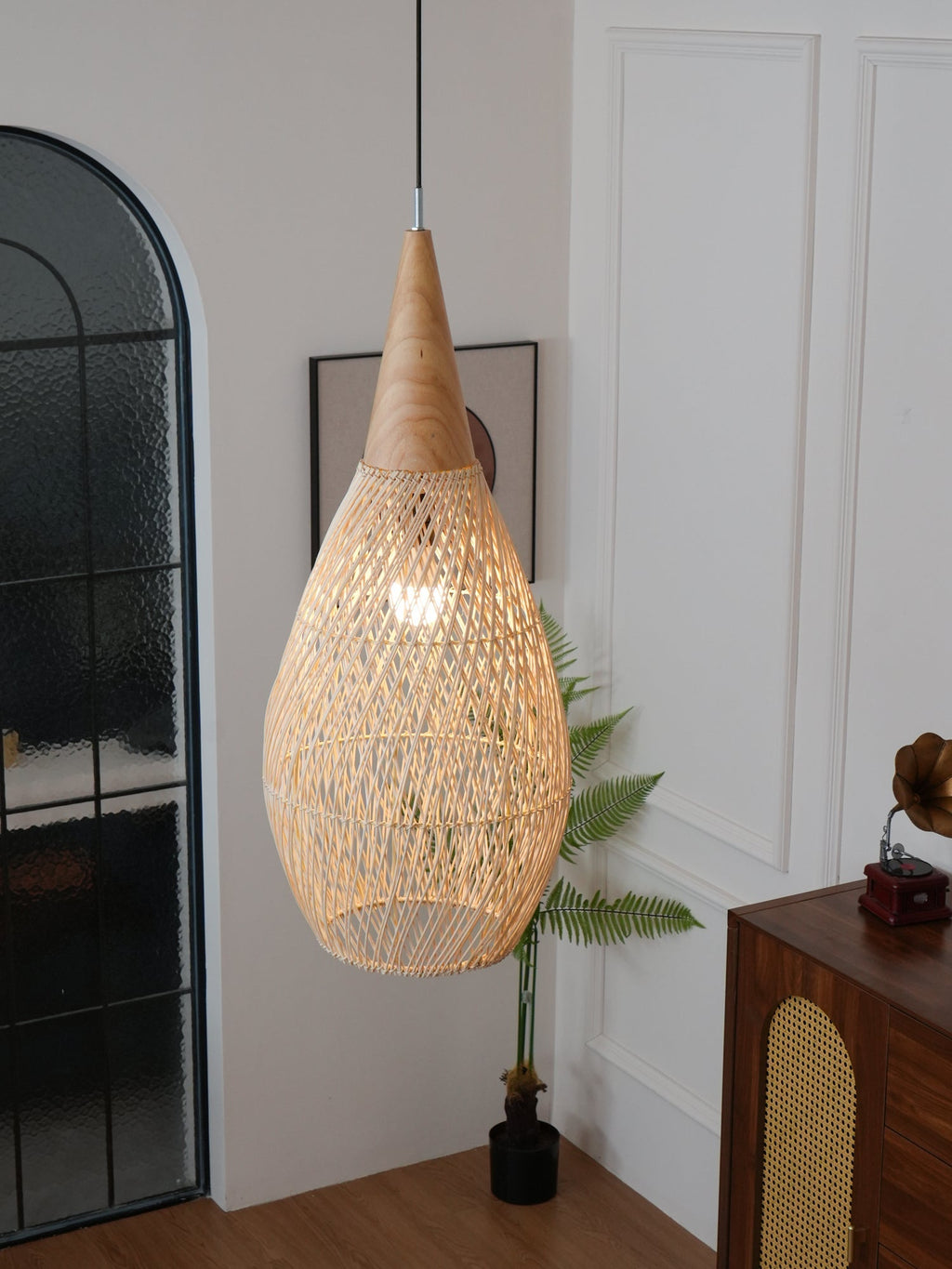 Rattan Pendant Light, Handwoven Shade, Wood Body, E27
