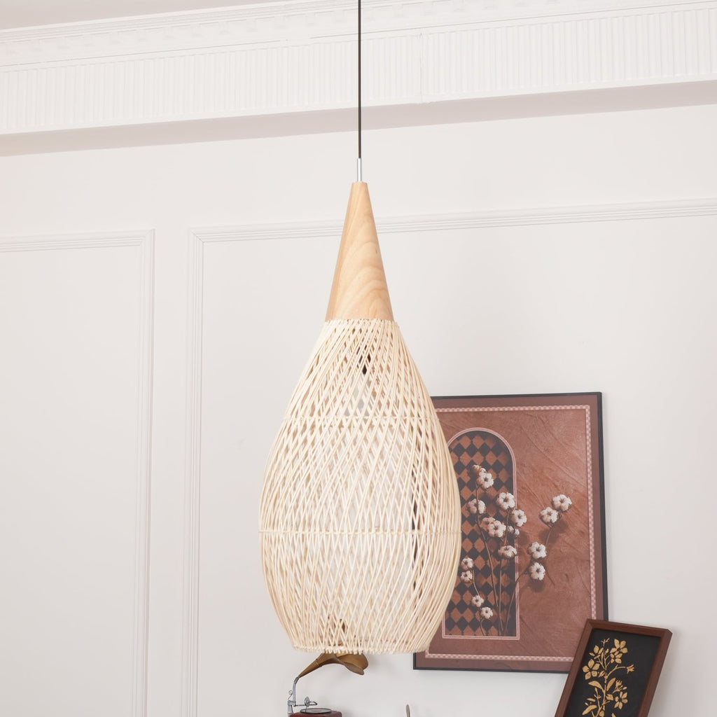 Rattan Pendant Light, Handwoven Shade, Wood Body, E27