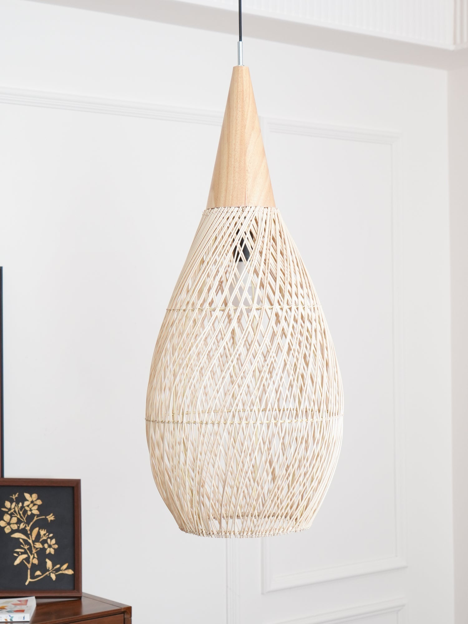 Rattan Pendant Light, Handwoven Shade, Wood Body, E27