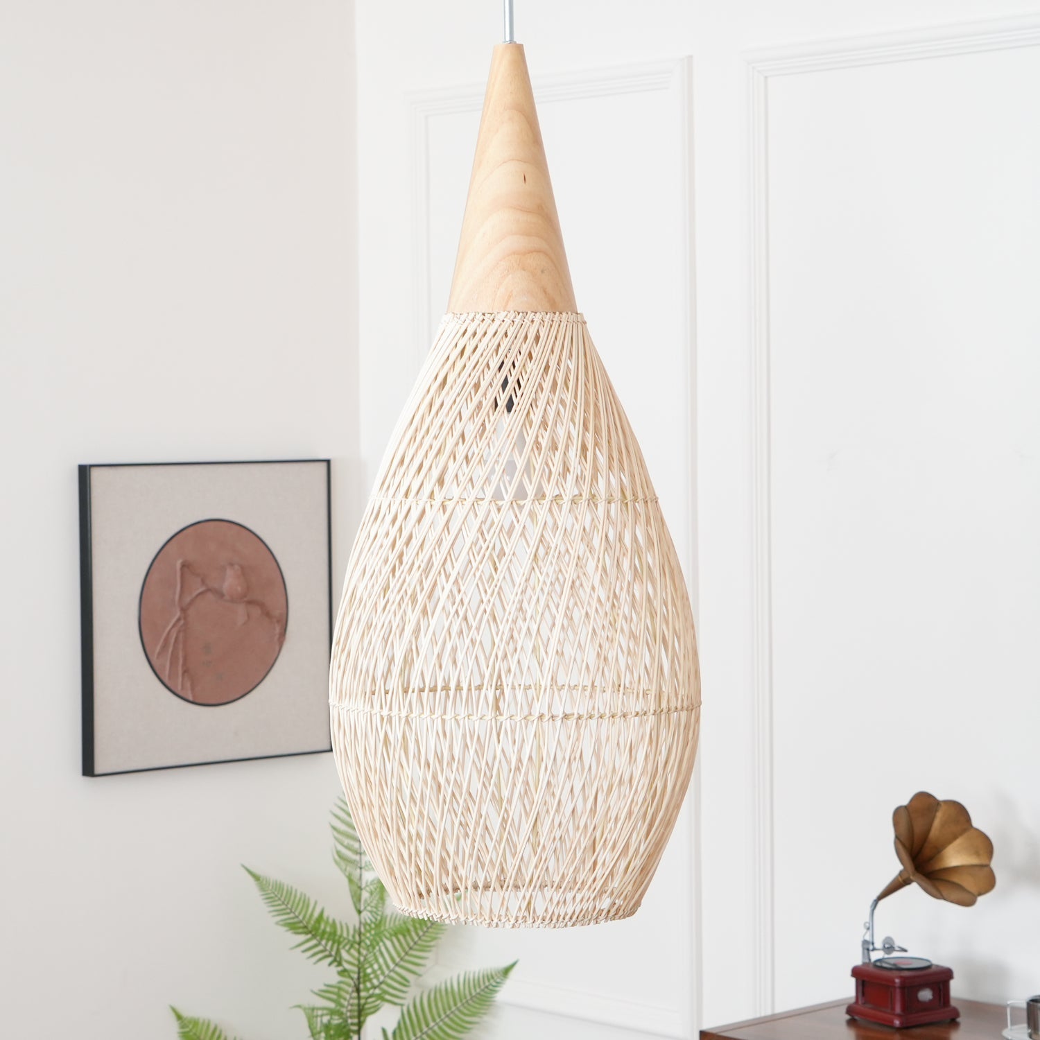 Rattan Pendant Light, Handwoven Shade, Wood Body, E27