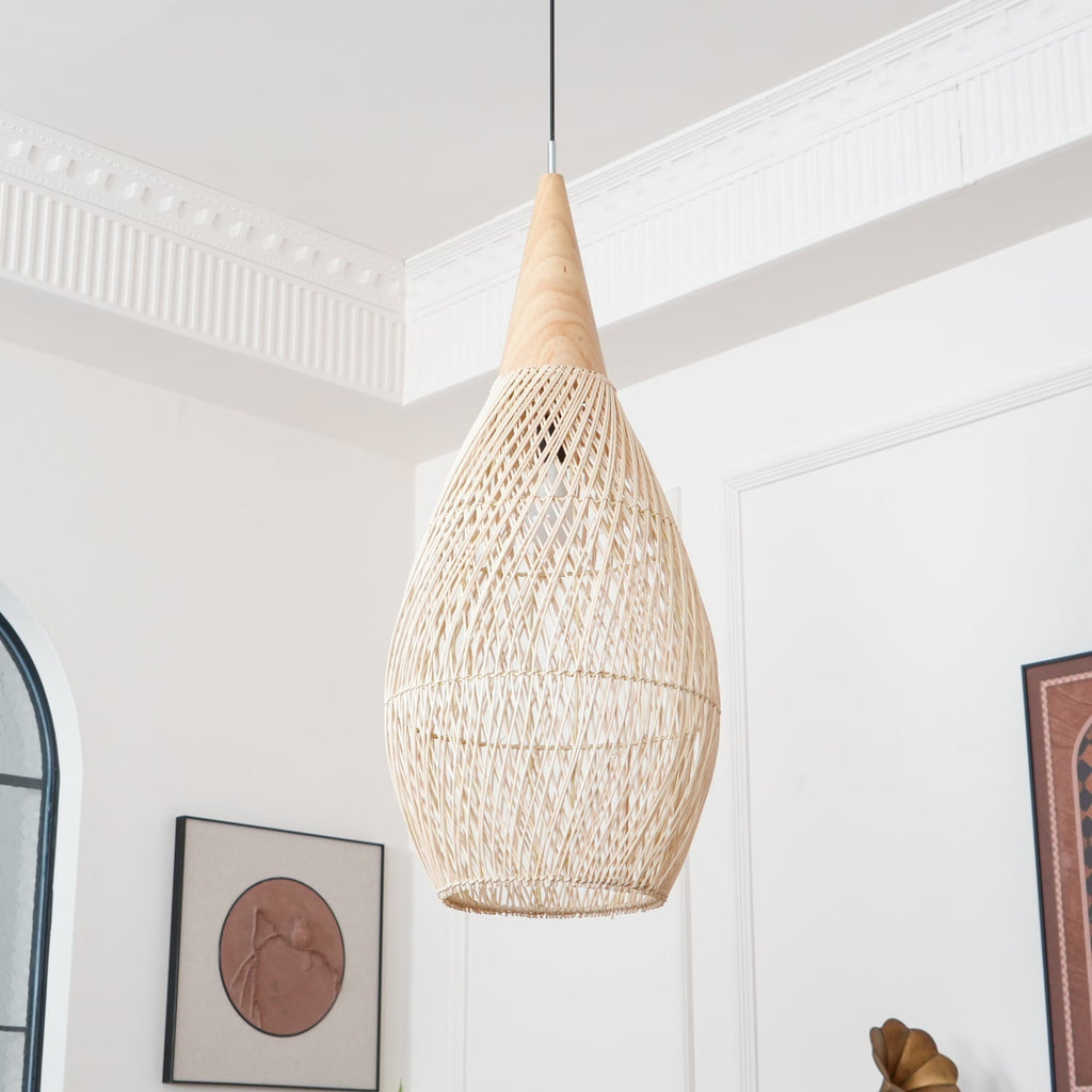 Rattan Pendant Light, Handwoven Shade, Wood Body, E27