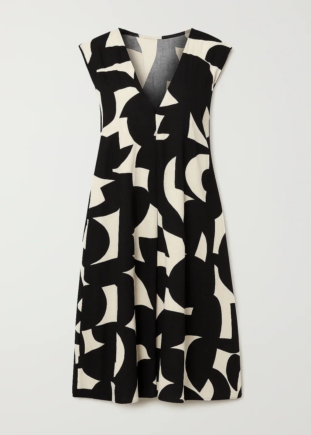 Robe évasée sans manches à motifs graphiques noir et blanc, col en V, style moderne.