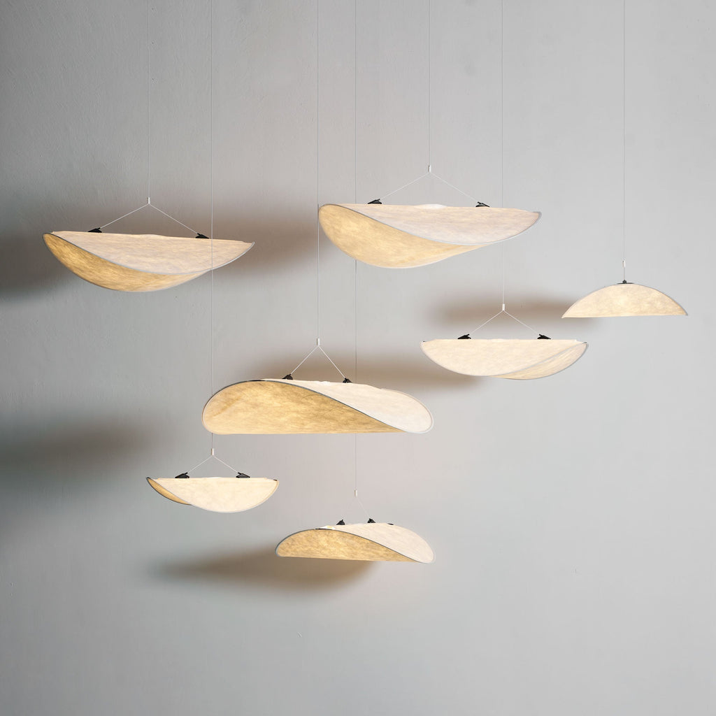 Tense Pendant Light, Tyvek Paper Shade, White and Black, Warm Dimmable