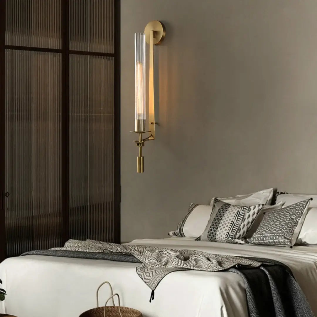 Wall Sconce, Solid Brass, Ribbed Clear Glass, E27, French Classicism