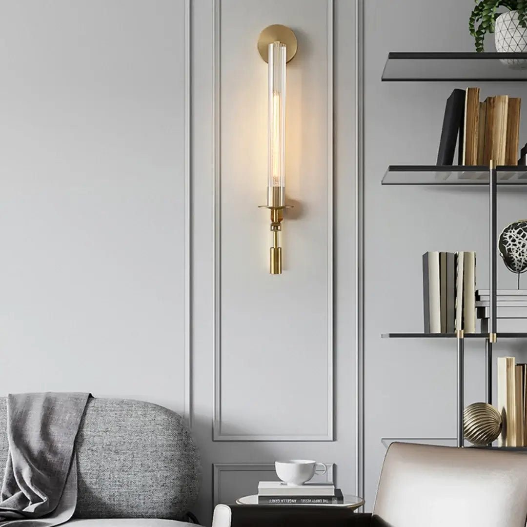 Wall Sconce, Solid Brass, Ribbed Clear Glass, E27, French Classicism