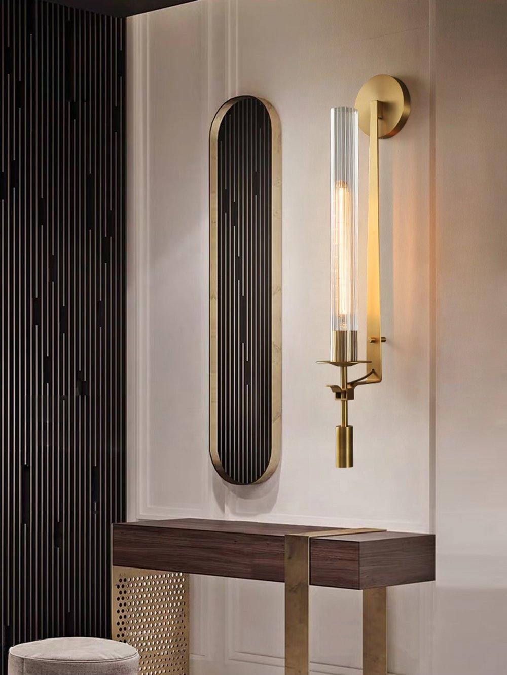 Wall Sconce, Solid Brass, Ribbed Clear Glass, E27, French Classicism