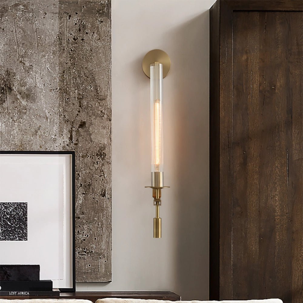 Wall Sconce, Solid Brass, Ribbed Clear Glass, E27, French Classicism